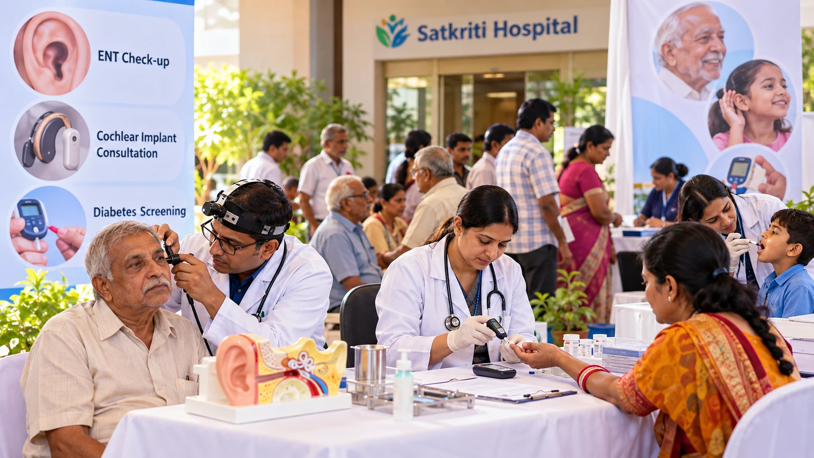 Satkriti Hospital Deaf Awareness Week camp: doctor examining a child's ear, doctor checking an elderly patient's throat, and a nurse doing a blood sugar test