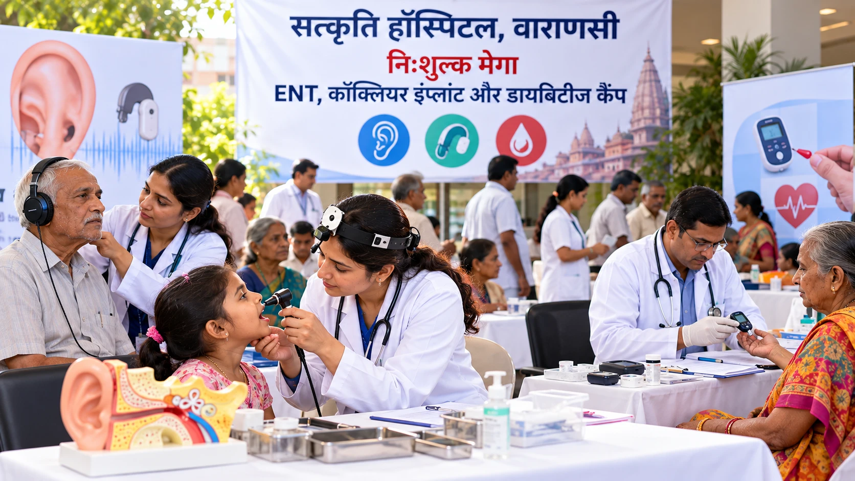 सत्कृति हॉस्पिटल वाराणसी निःशुल्क मेगा ENT, कॉक्लियर इंप्लांट और डायबिटीज कैंप बैनर - डॉक्टर बच्ची के गले की जाँच करते हुए, शुगर जाँच शिविर