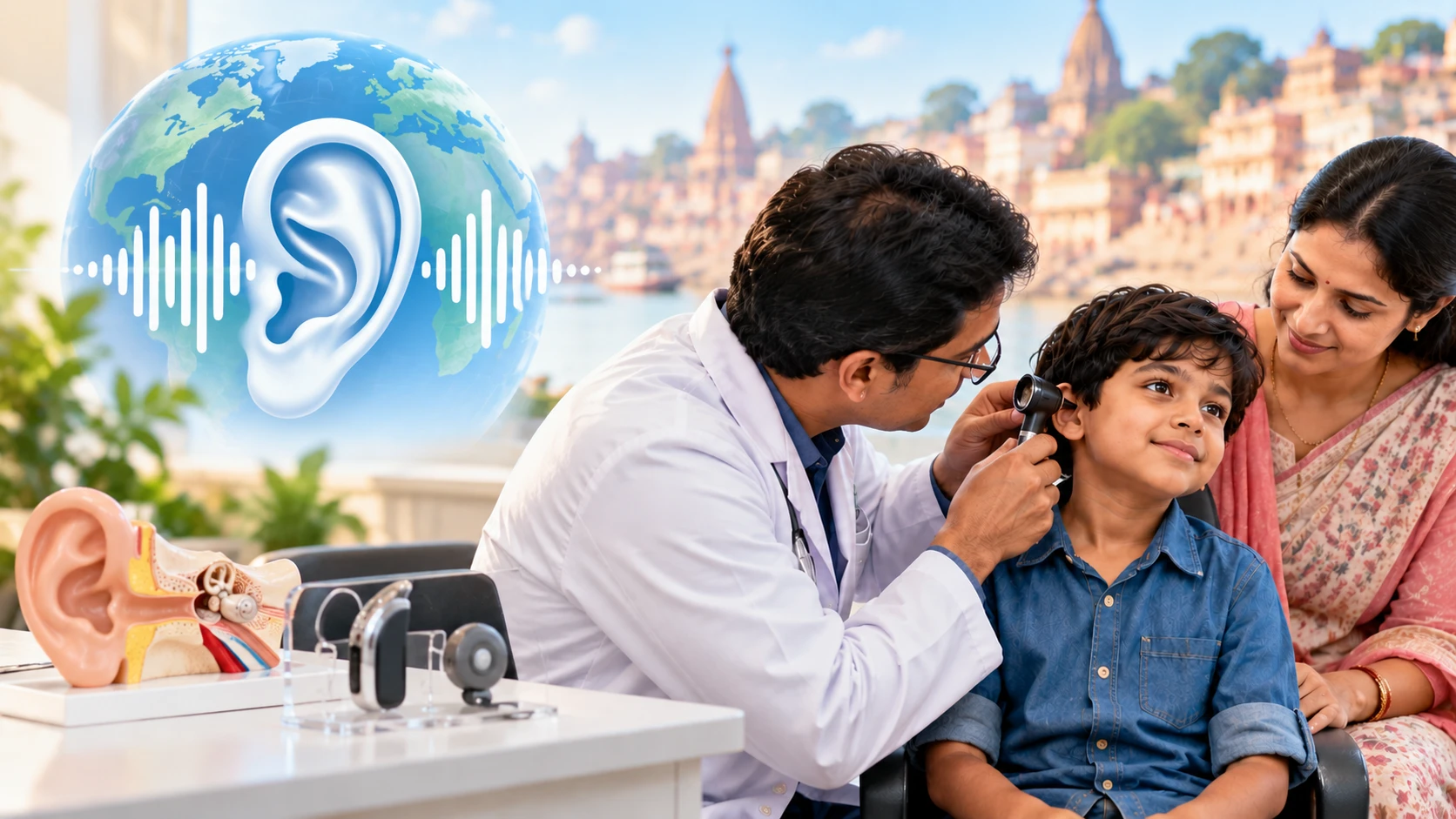 World Hearing Day: a globe with an ear and sound waves beside an ENT doctor examining a child's ear in Varanasi