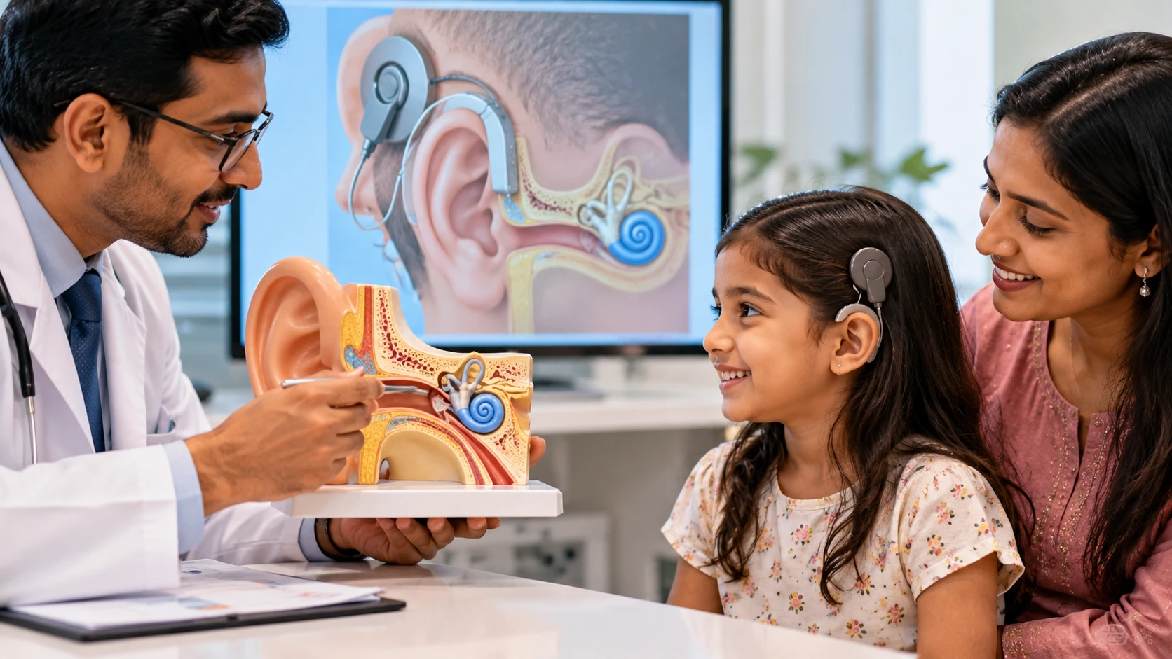 ENT doctor explaining a cochlear implant using an ear anatomy model to a smiling child wearing a cochlear implant processor and her mother
